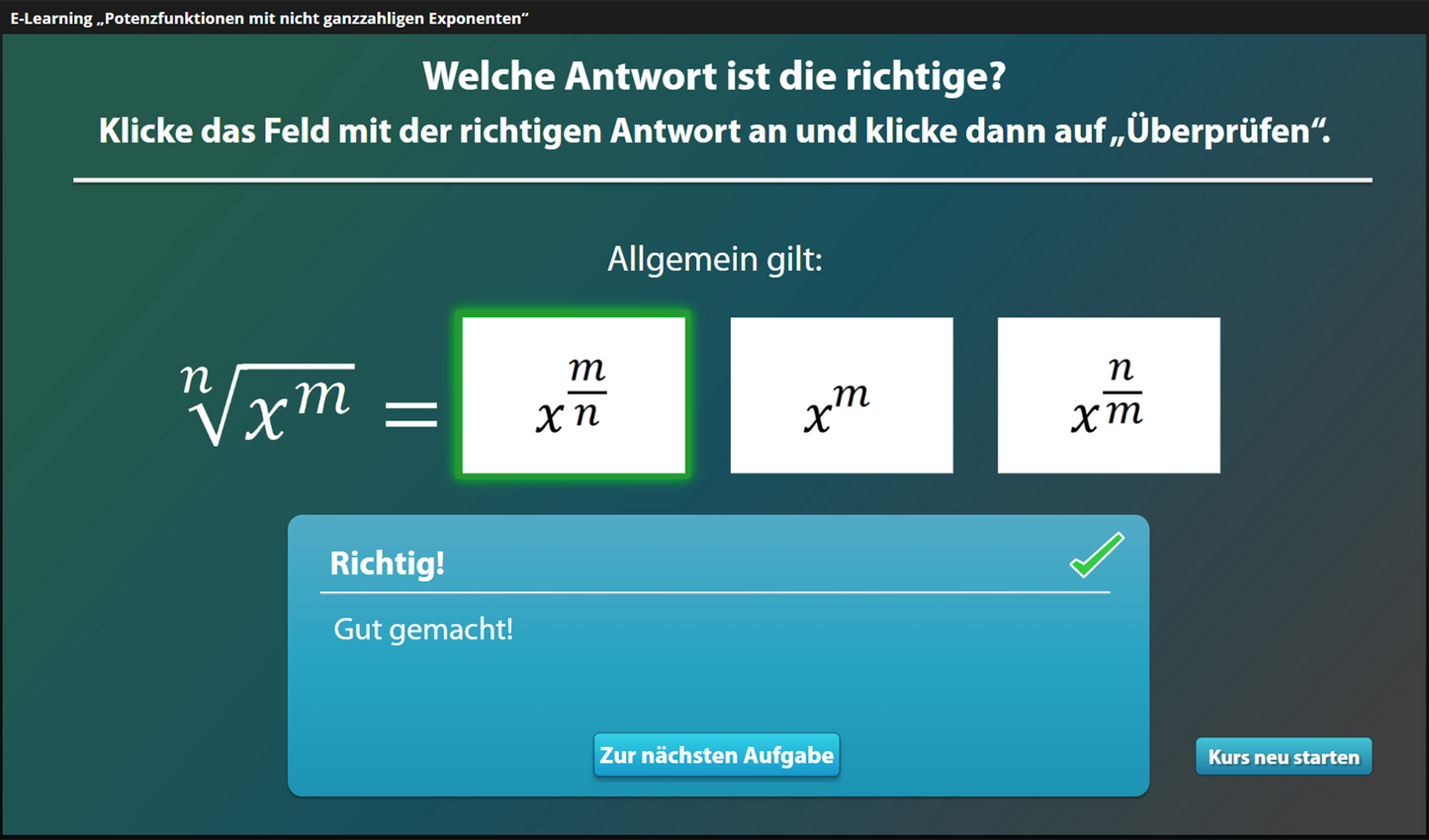 Potenzfunktionen mit nicht ganzzahligen Exponenten mit E-Learning