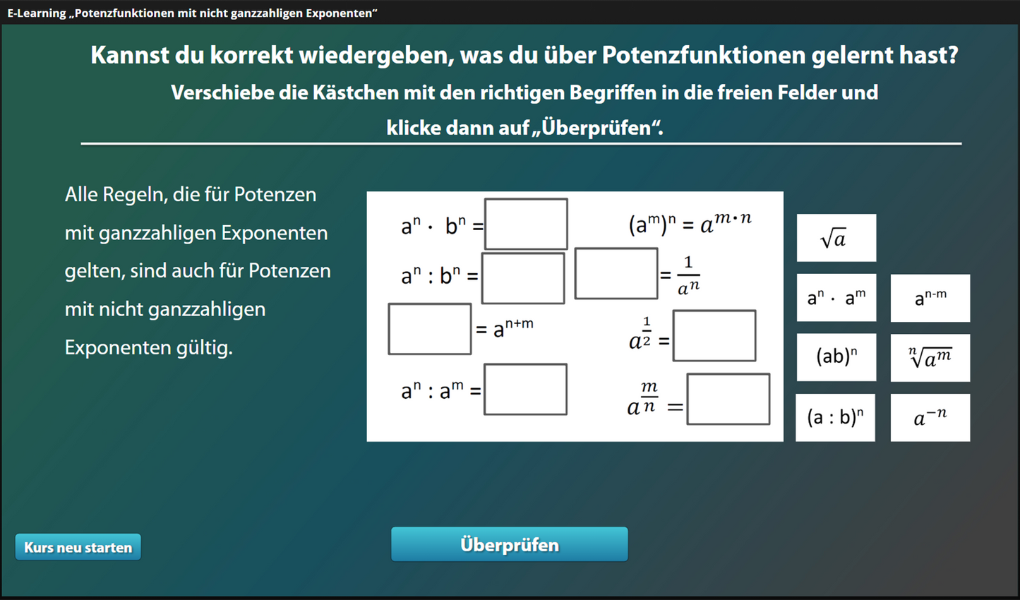 Potenzfunktionen mit nicht ganzzahligen Exponenten mit E-Learning