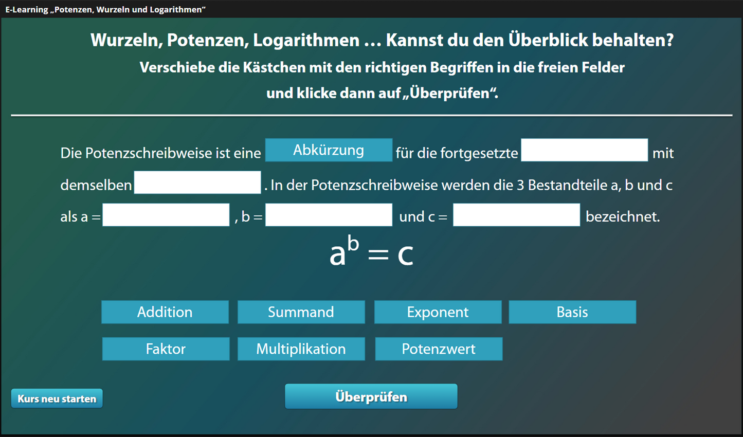 Potenzen, Wurzeln und Logarithmen mit E-Learning