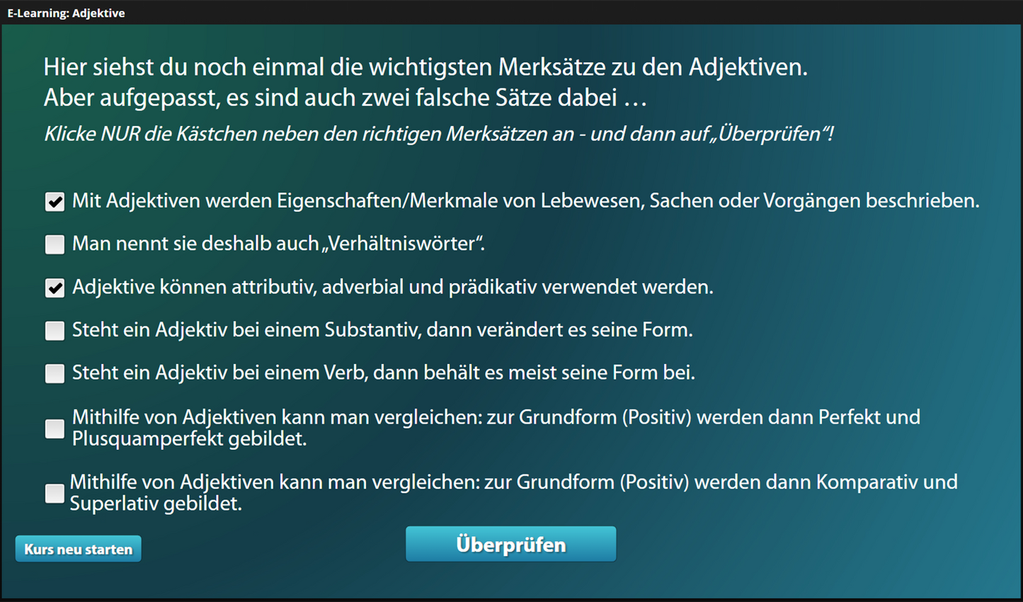 Adjektive mit E-Learning