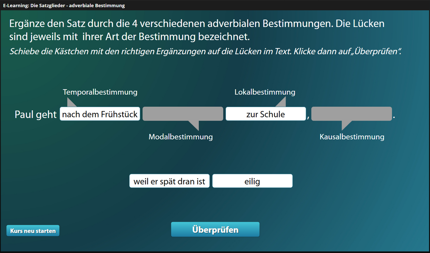 Satzglieder - Adverbiale Bestimmung für Einsteiger*innen mit E-Learning