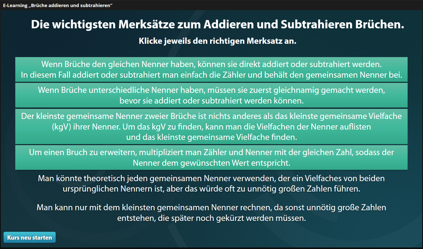 Brüche addieren und subtrahieren mit E-Learning