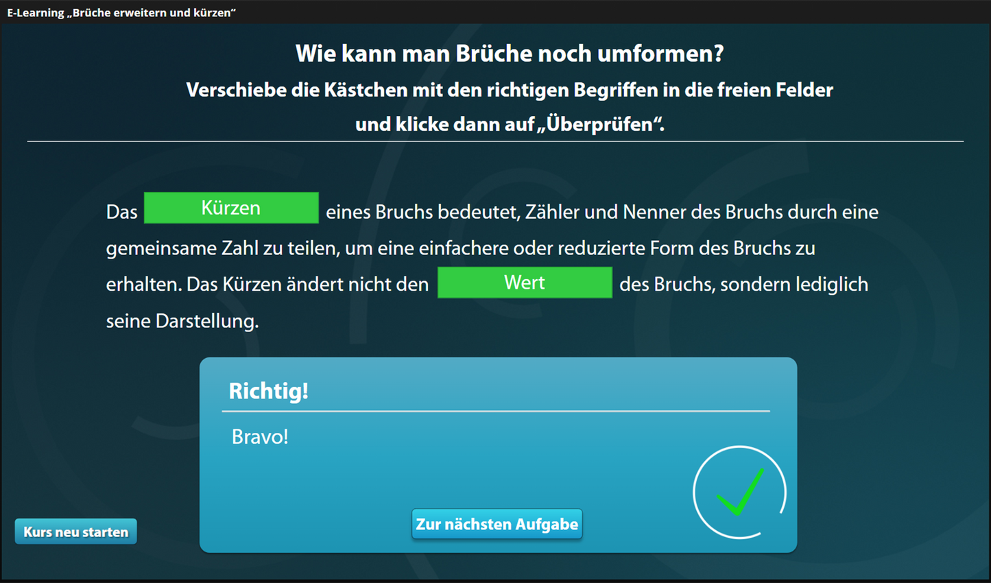 Brüche erweitern und kürzen mit E-Learning
