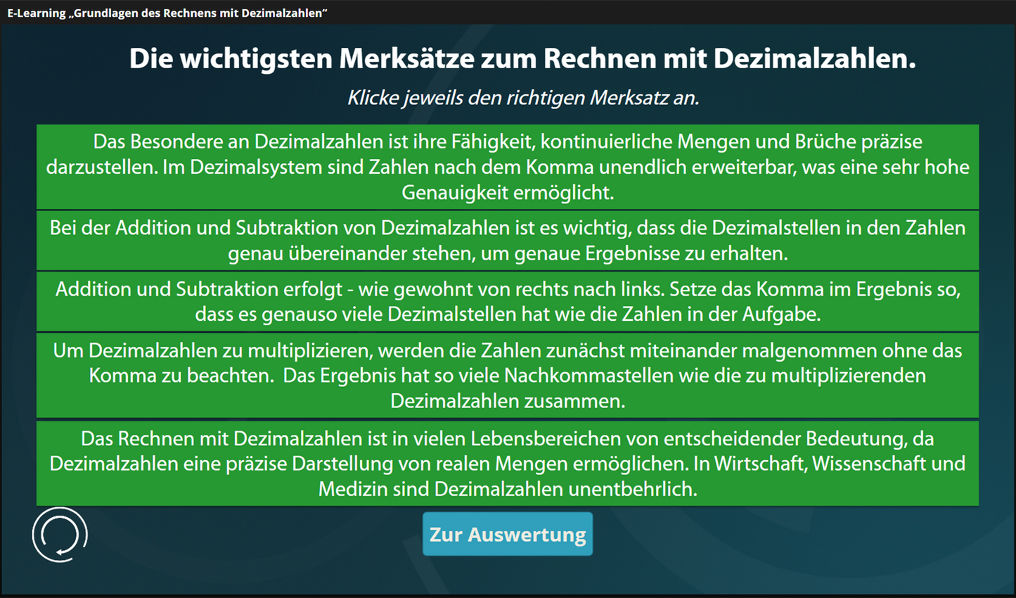 Grundlagen des Rechnens mit Dezimalzahlen mit E-Learning