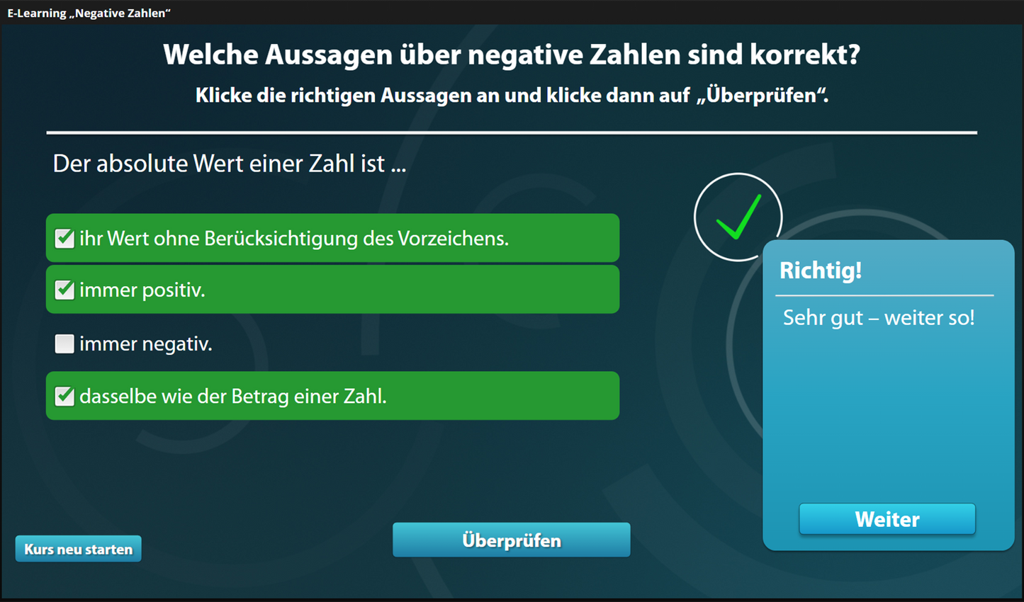Negative Zahlen mit E-Learning