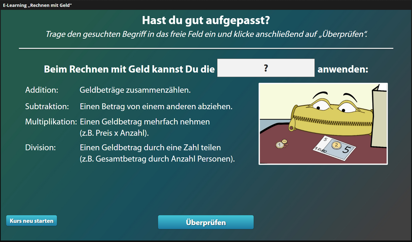 Rechnen mit Geld mit E-Learning